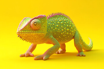 Obraz premium chameleon on a yellow background, chameleon on a blank yellow background, a chameleon, chameleon, cute chameleon, yellow background, Copy Space For Add Text 3D Rendering, 3D, Vector, AI Generative