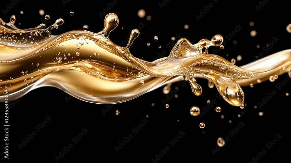 Poster golden liquid moves fluidly, creating elegant splashes and bubbles as it flows through the air