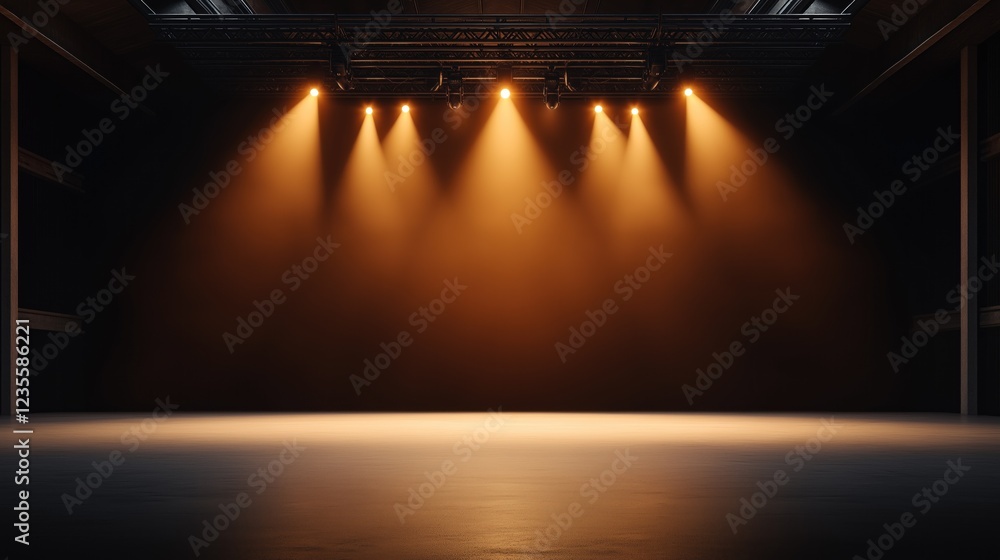 Poster bright spotlights cast a warm glow over a spacious empty stage within a dark theater, creating an in