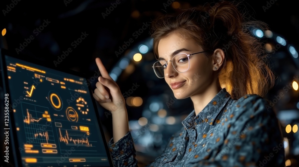 Poster young woman wearing glasses is attentively analyzing data on a computer screen filled with graphs an