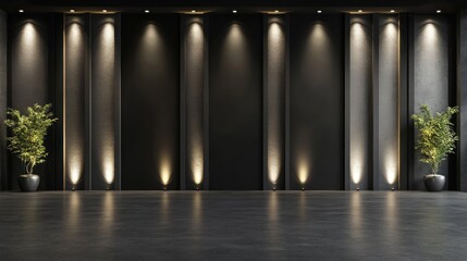Dark modern room, spotlights, plants, empty space, event backdrop