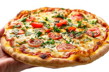 Freshly baked pizza topped with tomatoes and basil, held against a white background