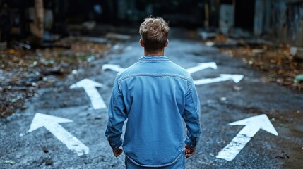 man in a denim jacket stands still on a wet street, contemplating his next move as white arrows mark various directions on the ground. atmosphere is reflective and somber