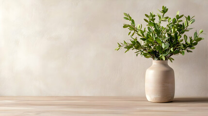 Fototapeta premium Green leafy branches in a ceramic vase stand on a wooden table against a textured beige wall in soft natural light.
