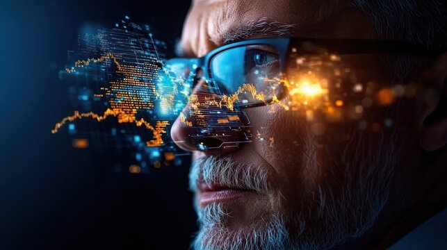 thoughtful man wearing glasses observes dynamic stock market data visuals late in the evening. His focused expression reveals a deep engagement with financial analytics and market trends - Powered by Adobe