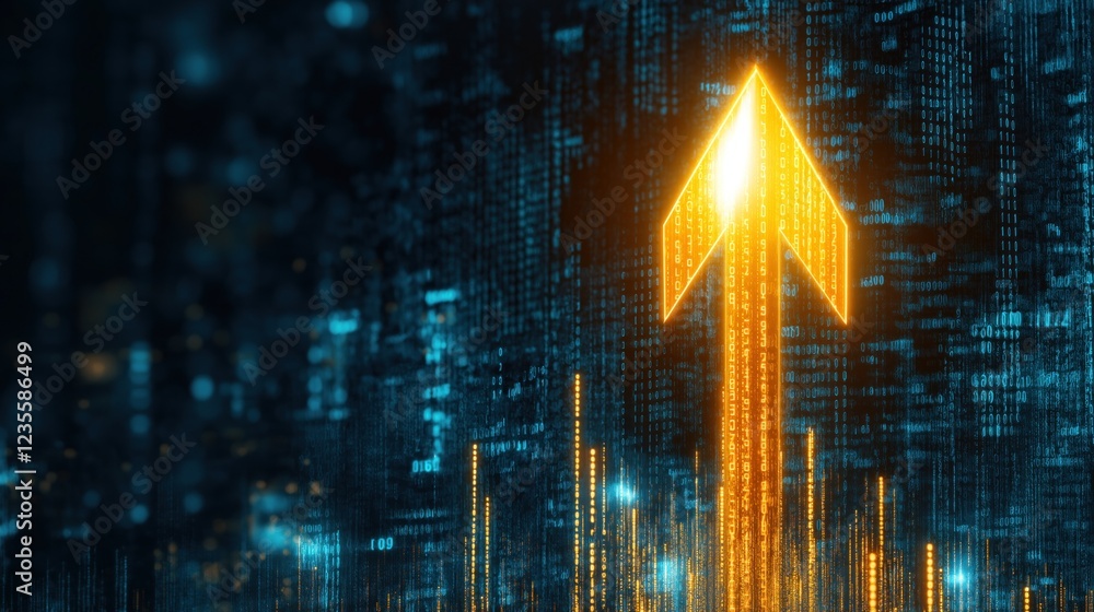 Poster glowing arrow points upward against a backdrop of binary code and digital elements, symbolizing grow