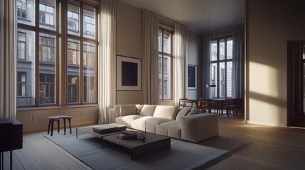 Fototapeta premium Sunlit modern living room with large windows, beige sofa, and wooden floors.