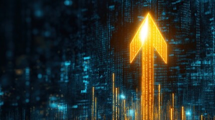glowing arrow points upward against a backdrop of binary code and digital elements, symbolizing growth and progress in a futuristic technology setting