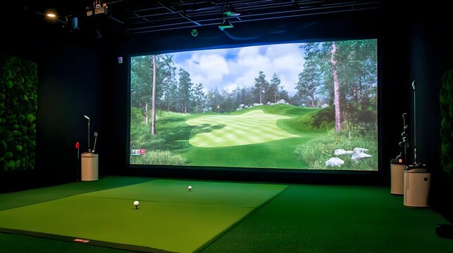 Indoor Golf Simulator with Realistic Green Landscape and Screen
