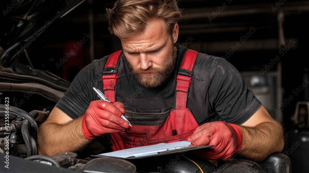 Poster mechanic is focused on assessing a car engine while seated in an auto shop. he wears red work gloves