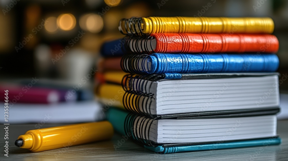 Aufkleber stacked colorful notebooks and a yellow pen on a desk with blurred background elements