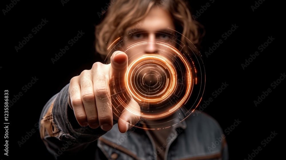 Poster man extends his finger towards a vibrant circular graphic that appears to illuminate in a dark setti