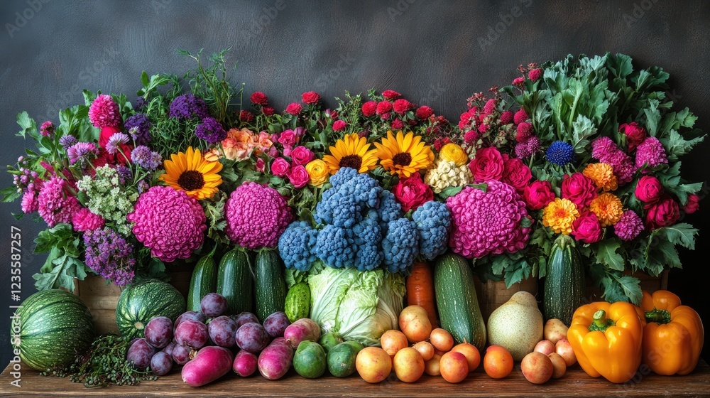 Poster vibrant display of fresh fruits and vegetables with colorful flowers in a rustic setting