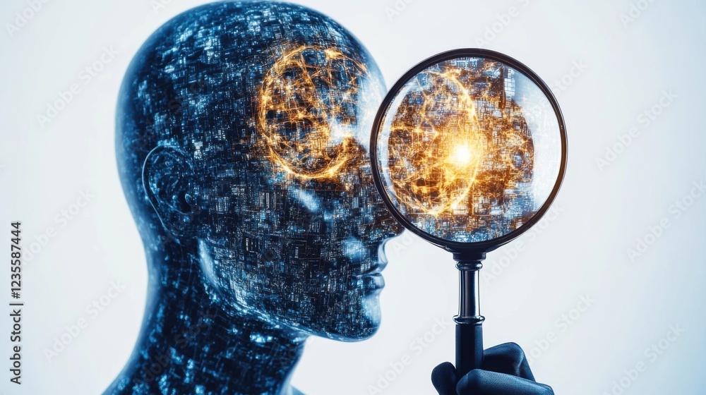 Poster futuristic humanoid figure examining digital brain patterns with a magnifying glass in a tech-inspir
