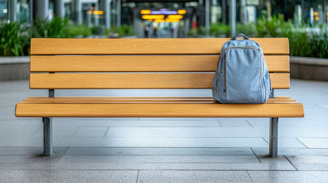 simple backpack resting on bench at empty train station