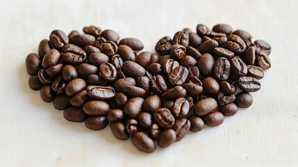 Naklejka premium Heart-shaped arrangement of coffee beans on a light wooden surface, evoking warmth