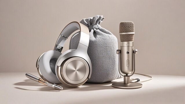 The image showcases a collection of audio related items arranged on a neutral toned surface.