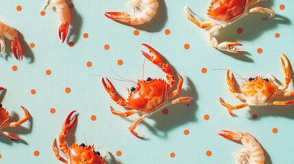 Vibrant Seafood Pattern Shrimp Crabs Summer Design Pastel Background Art Blue Cook Ocean Image Style