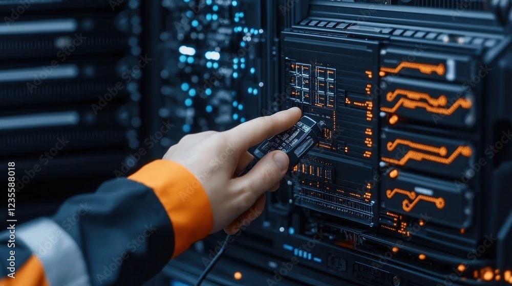 Poster technician connects a device to a server in a data center, ensuring all systems are operational. roo