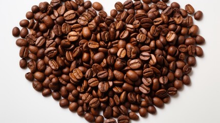 Heart-shaped arrangement of roasted coffee beans on a white background, symbolizing love for coffee (1)