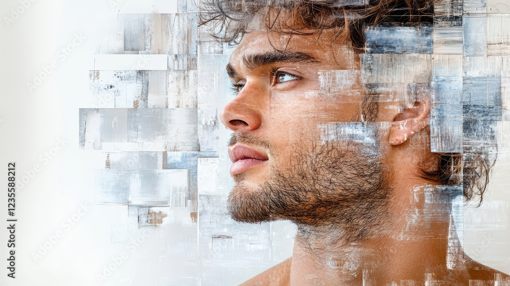 Poster surreal portrait blending human features with abstract elements