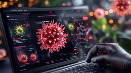 researcher examines detailed virus data displayed on a sleek computer screen, wearing gloves. setting is illuminated with soft lights, creating a focused atmosphere for analysis