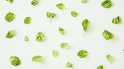 Fresh spinach leaves scattered on white background; food blog, recipe