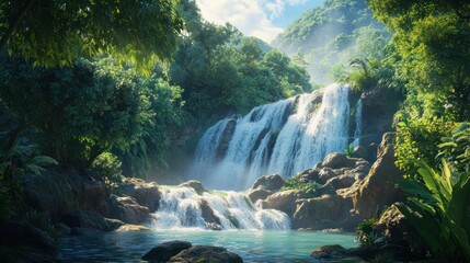 Naklejka premium Lush jungle waterfall cascades into tranquil pool; sunlit, misty background; ideal for travel brochures