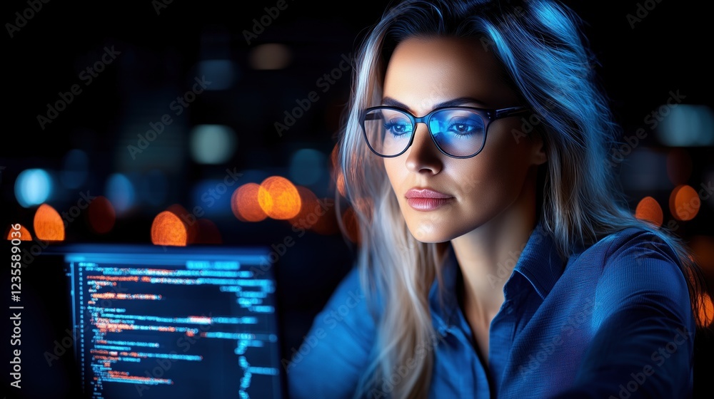 Poster young woman is intensely focused on her computer screen while coding at night in a darkened workspac