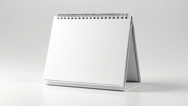  rendering of a desk calendar. The calendar is white in color and has a spiral binding on the top. It is standing upright on a white background. The front of the calendar is blank