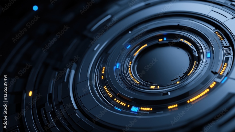 Poster circular patterns with glowing blue and orange elements are designed in a dark, futuristic environme