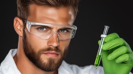 male scientist wears protective glasses and gloves, holding a test tube filled with green liquid. His focused expression suggests expertise in a laboratory setting
