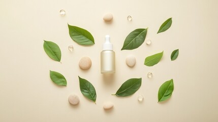 Natural skincare serum bottle, leaves, stones.  Relaxing spa background