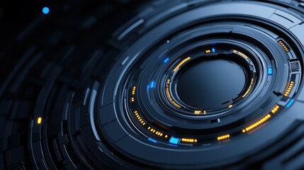 Circular patterns with glowing blue and orange elements are designed in a dark, futuristic environment, showcasing advanced technology concepts and aesthetics
