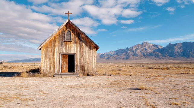 Eerie abandoned church in ghost town, surrounded by vast desert landscape