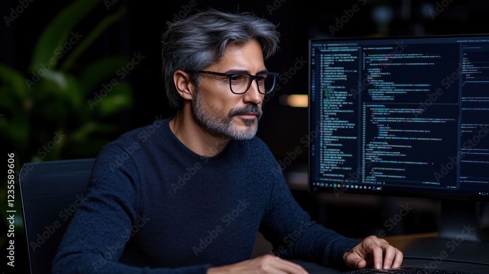 Poster man focused on his work at a desk in a dimly lit office, surrounded by two large monitors displaying