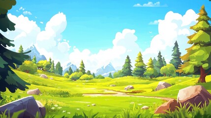 Idyllic mountain meadow landscape with winding path, evergreen trees, and bright sky.