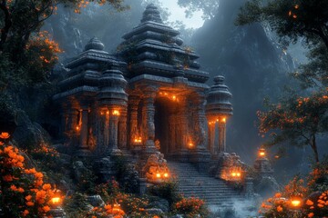 Ancient temple, jungle setting, night scene, mystical atmosphere, fantasy game asset
