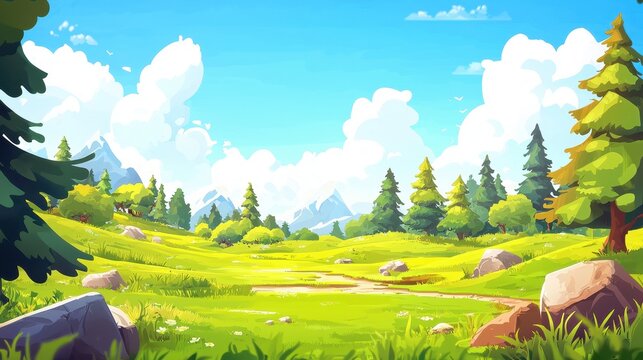 Idyllic mountain meadow landscape with winding path, evergreen trees, and bright sky.