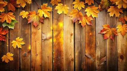 Golden hues of autumn leaves against a rustic wooden fence , fall, autumn,  fall