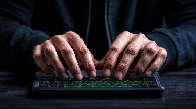 Hands are actively typing on a green backlit keyboard in a dark setting, illustrating a late night work session. dim light enhances the intensity of the task at hand
