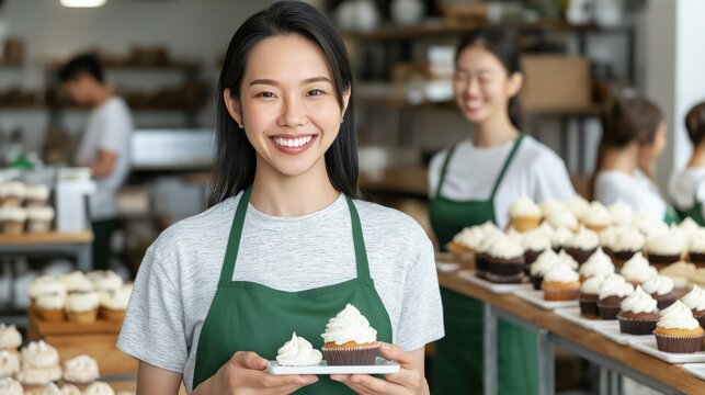 smiling baker holds a cupcake on a plate in a bakery filled with various baked goods. Staff members are seen preparing treats in the background, creating a lively atmosphere - Powered by Adobe