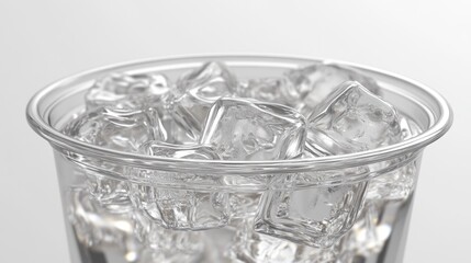 Iced water in plastic cup, close-up, white background, refreshment