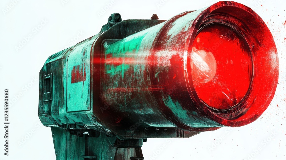 Poster futuristic red laser projector emitting light in a high-tech environment with abstract elements