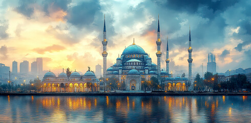 Obraz premium Majestic Istanbul Mosque at Sunrise Reflected on Water