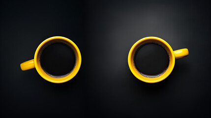 Yellow mug of freshly brewed hot coffee on black background, top view