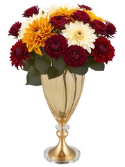 Obraz premium Autumn Splendor (Roses Chrysanthemums Dahlias) tall, hourglass-shaped glass vase with amber water, holding a rich bouquet of red