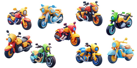 Set Icon motorcycle cartoon 3d. PNG transparent background.