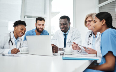 Team, meeting and doctor with laptop for online patient report, results review and diagnosis...