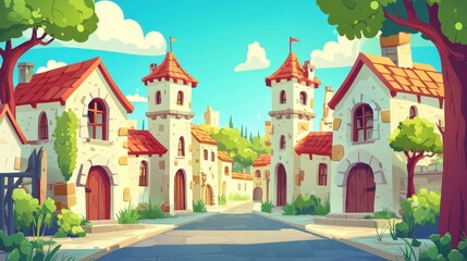 Naklejka premium Idyllic Medieval Village Street Scene with Tower Houses under a Sunny Sky